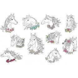 Stickdserie - Blumen Pferde Line Art